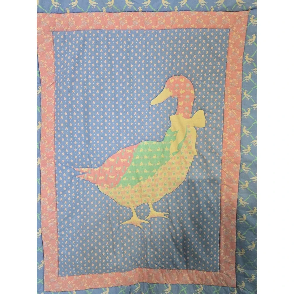 80s 90s Goose Quilt Wall Hanging Baby Blanket Applique Pastel Nursery Decor VTG